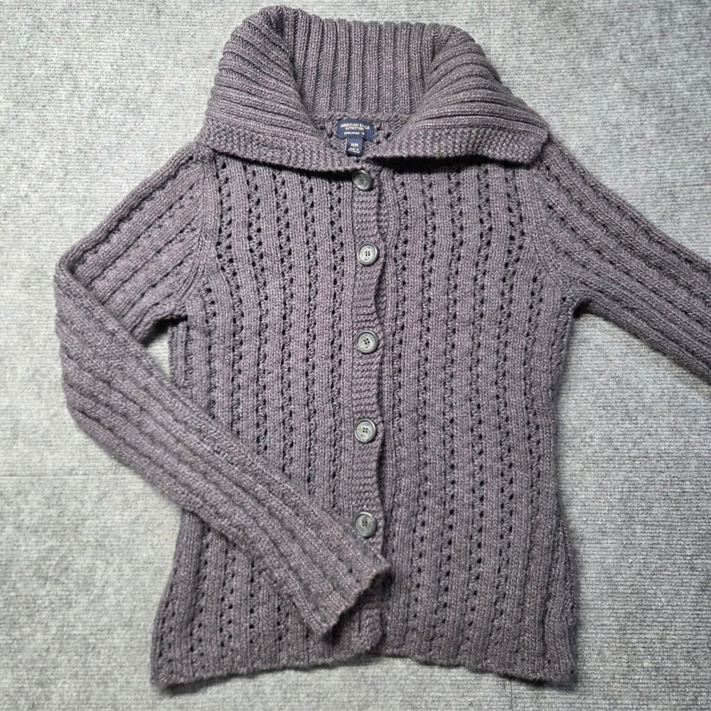 American Eagle Grey Cotton Pointelle Knit Button Cardigan Shawl Collar Medium